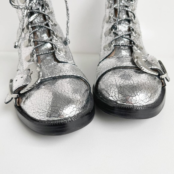 Schutz Metallic Silver Crushed Leather Magda Combat Boots Size 7 - Picture 6 of 10